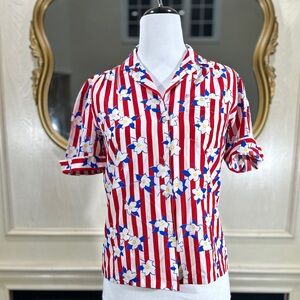 Vintage Silkhana Red White Striped‎ Floral Button-Up Shirt | 80s 90s Blouse M